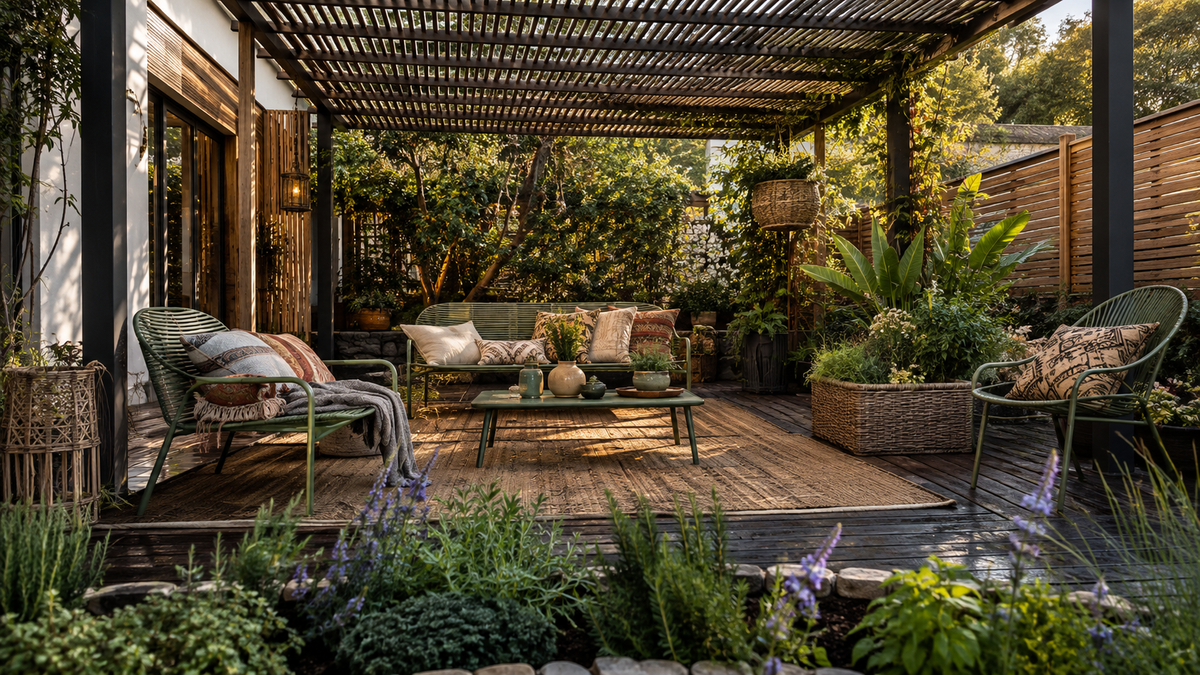 Terrasse bohème résistante avec pergola, mobilier extérieur, textiles adaptés et végétation luxuriante