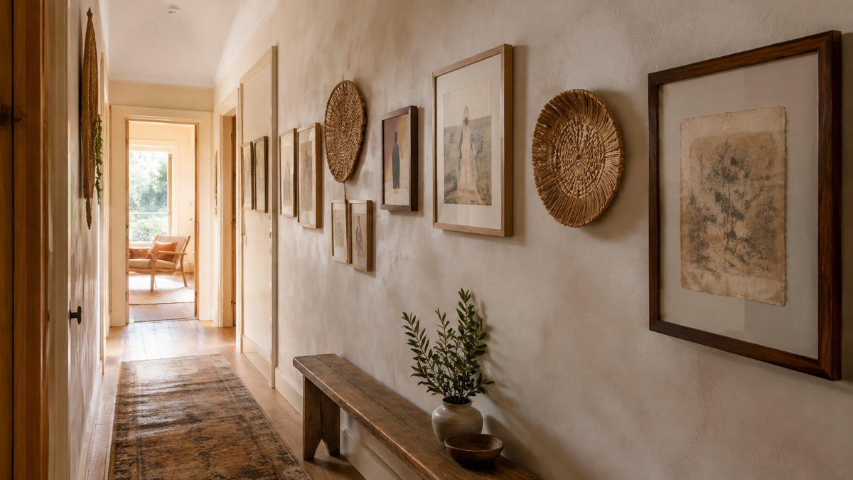 Couloir bohème lumineux aménagé en galerie avec cadres en bois, décorations murales tressées et banc ancien