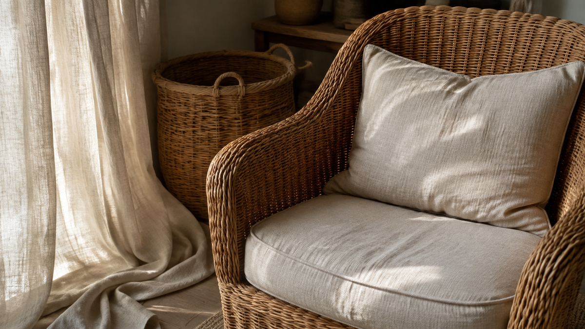 Fauteuil en osier avec coussin en lin naturel près de rideaux souples et d’un panier tressé