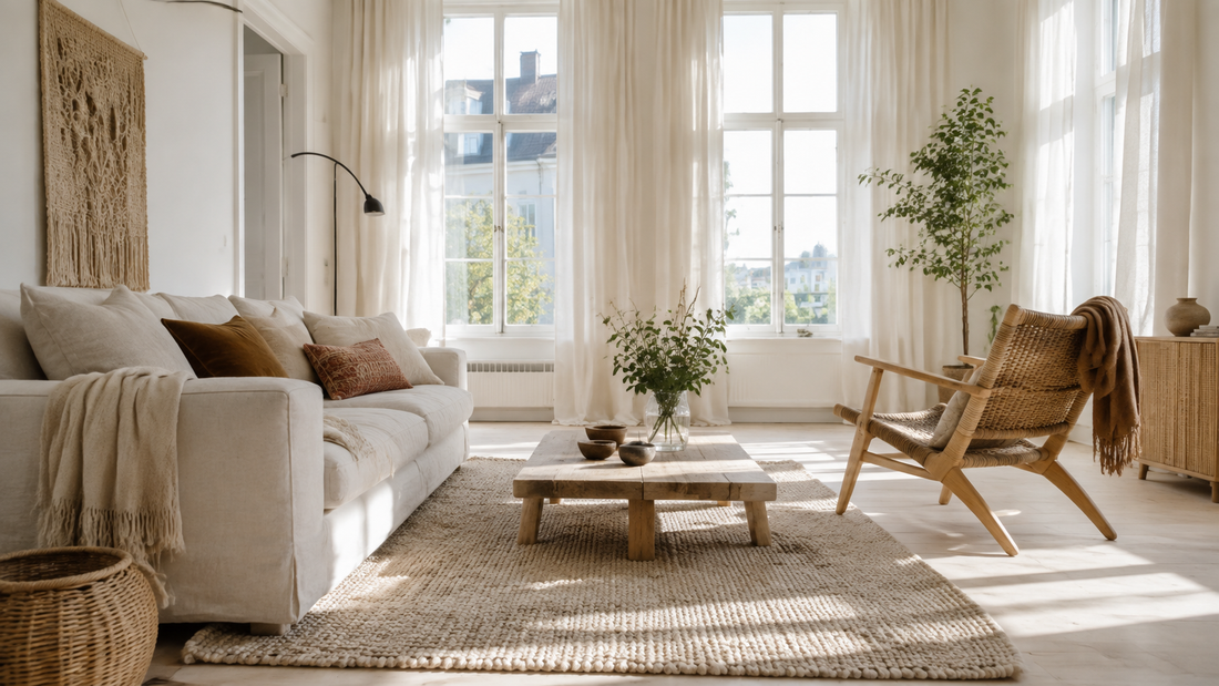 Salon bohème scandinave très lumineux avec bois blond, fauteuil cannage, lin blanc et tapis en laine
