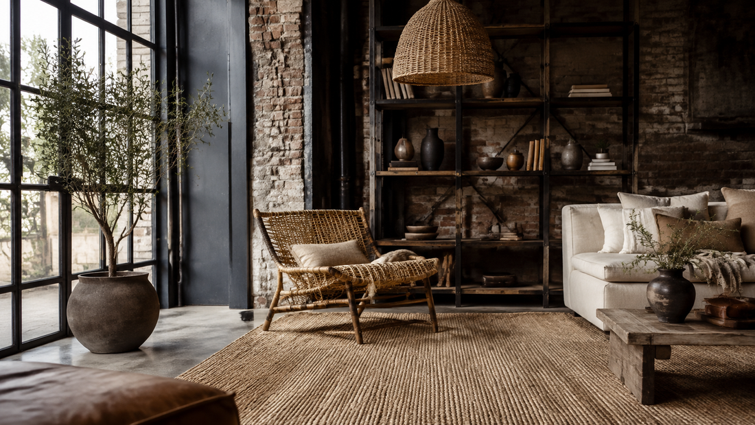 Loft bohème industriel équilibrant verrière en métal noir, mur de briques, rotin, jute et lin