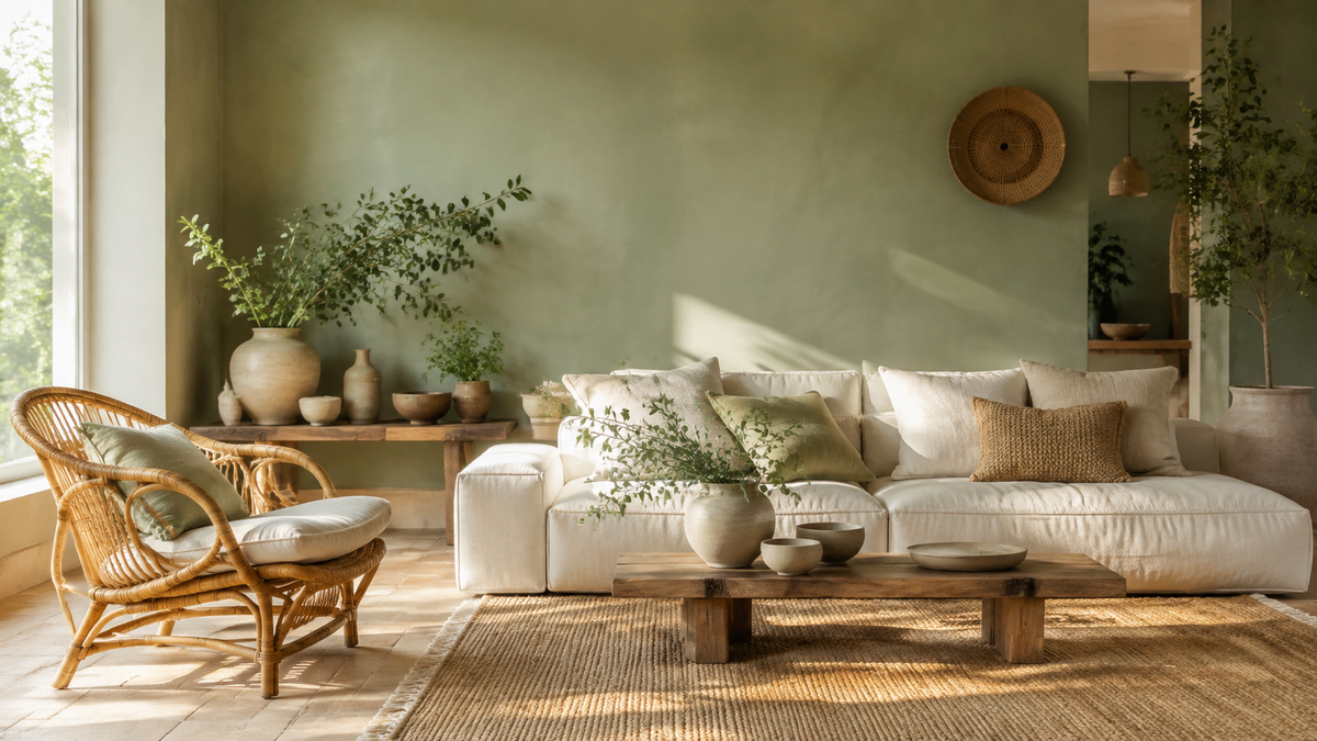 Salon bohème apaisant aux murs vert sauge avec fauteuil en rotin naturel