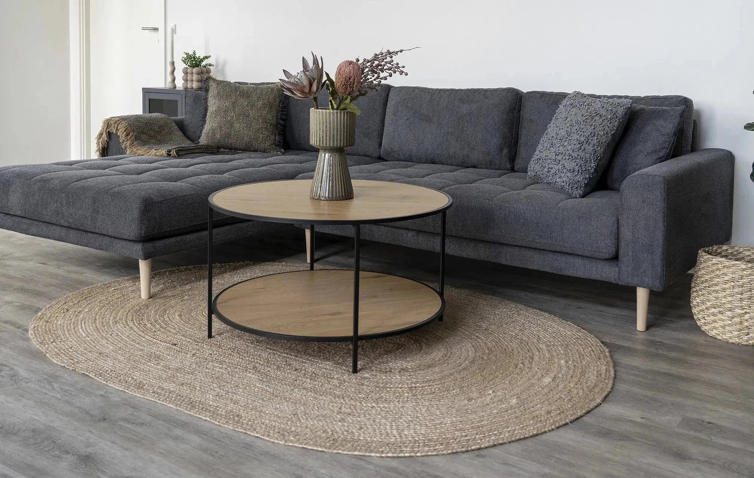 Tapis bohème chic de salon rond en jute style ethnique