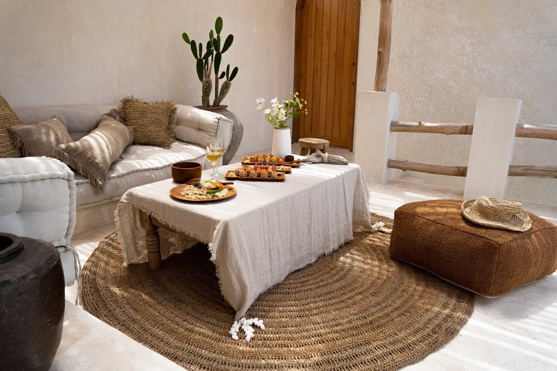 Tapis rond fibres naturelles pour salon ou extérieur