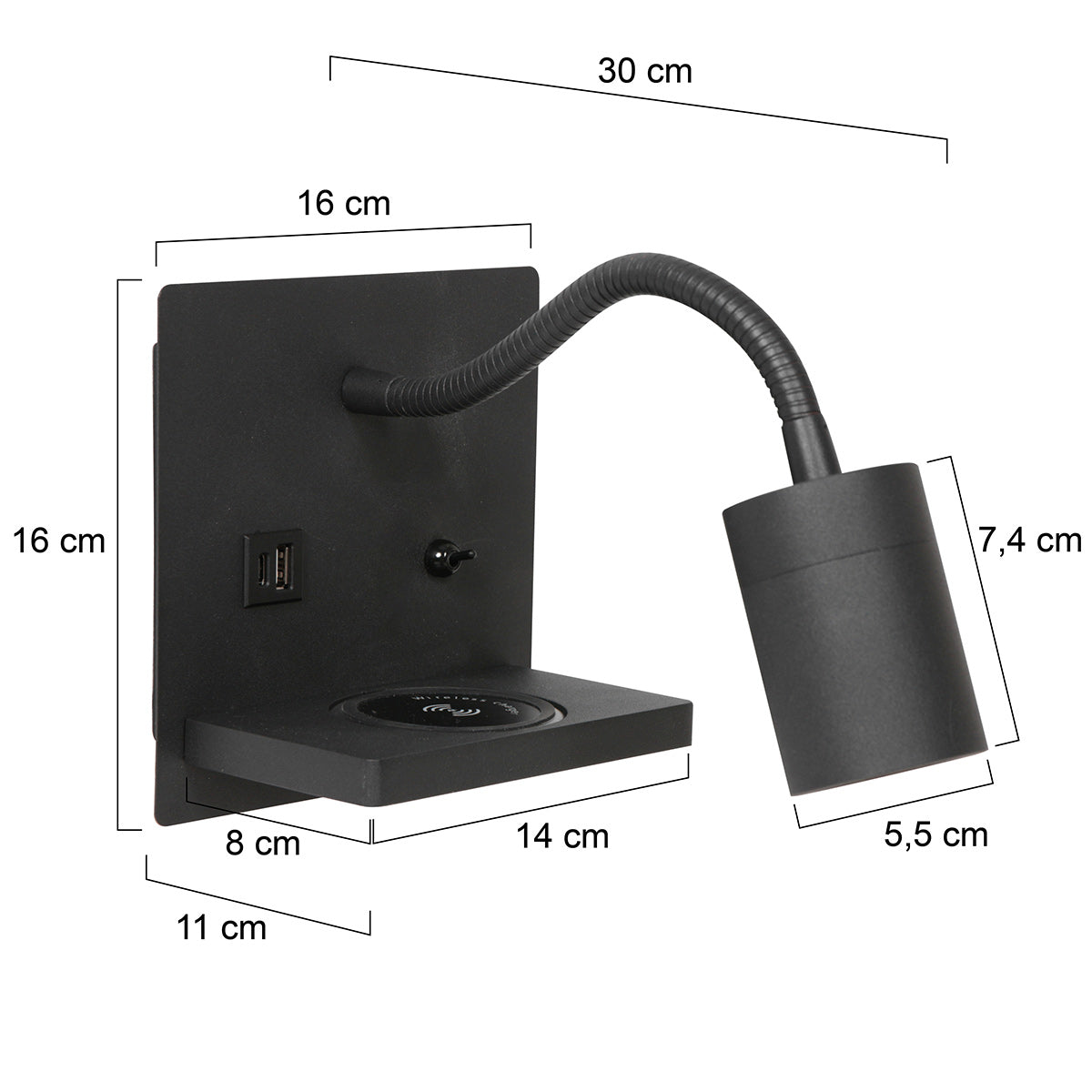 Applique murale noire en métal avec chargeur sans fil et ports USB