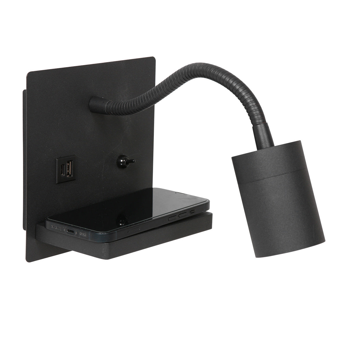 Applique murale noire en métal avec chargeur sans fil et ports USB