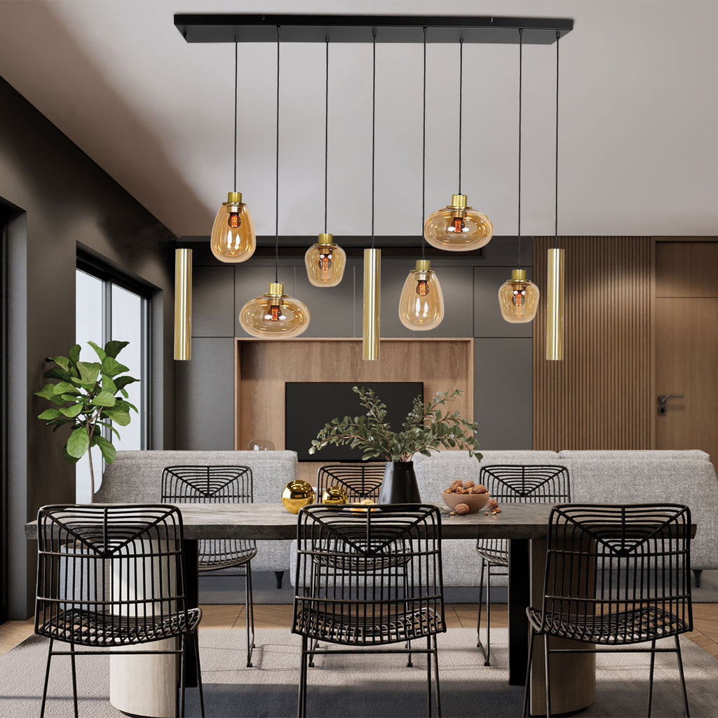 Suspension multiple en verre ambré et laiton doré pour éclairage chaleureux – 140x44 cm