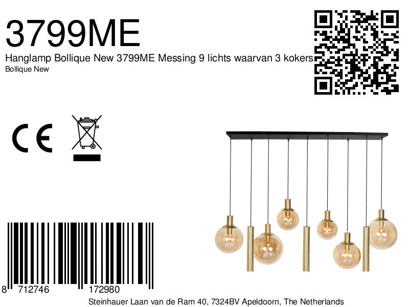 Suspension multiple en verre ambré et laiton à 9 ampoules – 150x55 cm