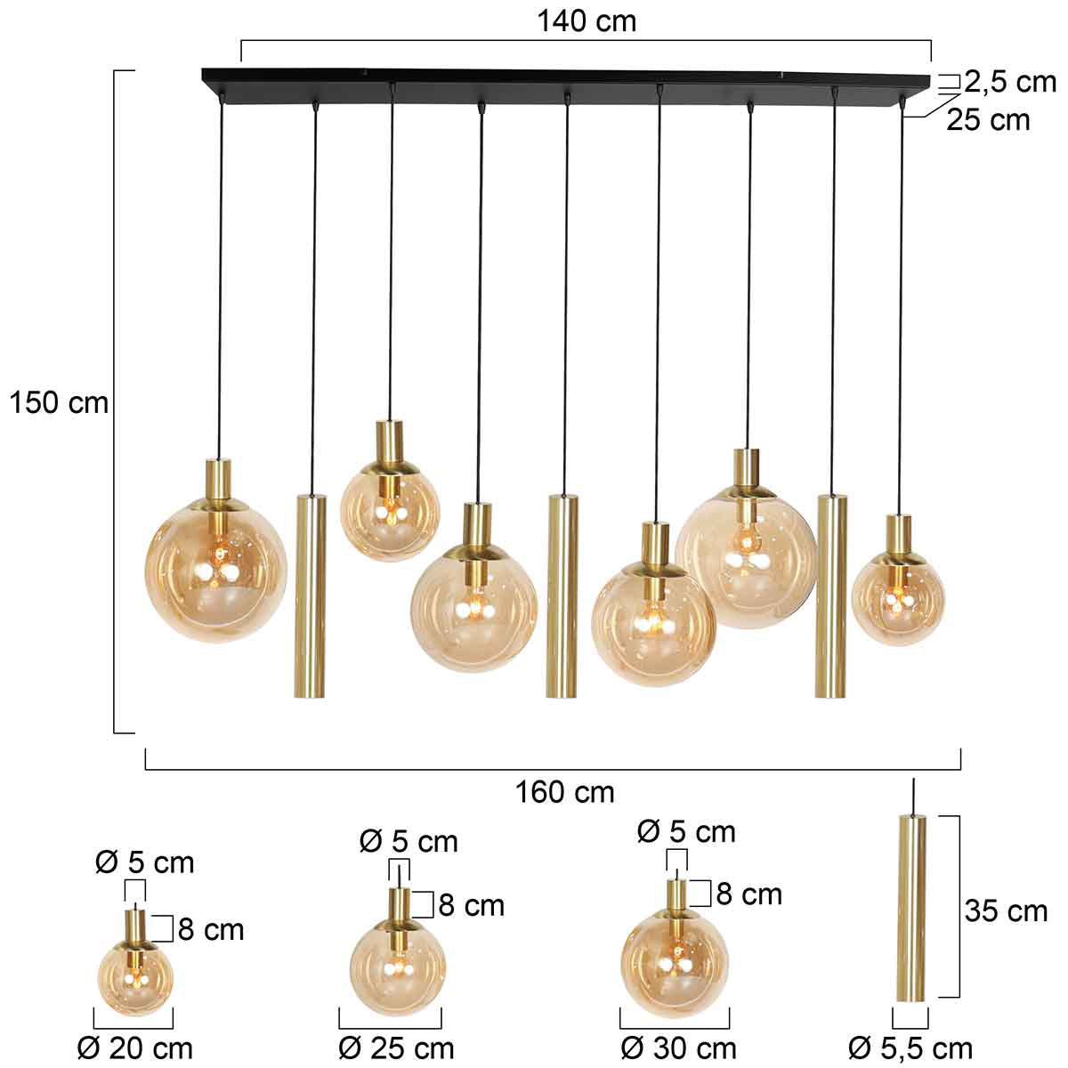 Suspension multiple en verre ambré et laiton à 9 ampoules – 150x55 cm