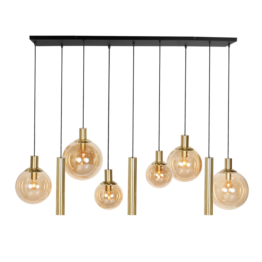Suspension multiple en verre ambré et laiton à 9 ampoules – 150x55 cm