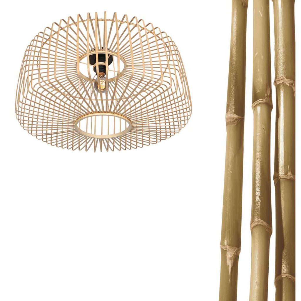 Plafonnier ajouré en bambou naturel avec base noire – Ø40 cm