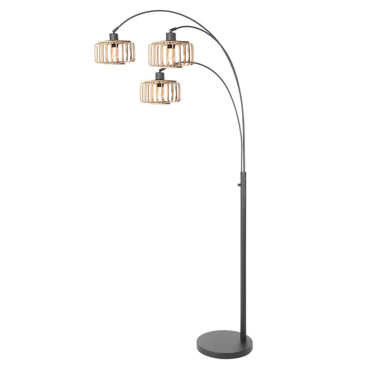 Lampadaire arqué en métal noir abat-jours bois clair – H200 cm
