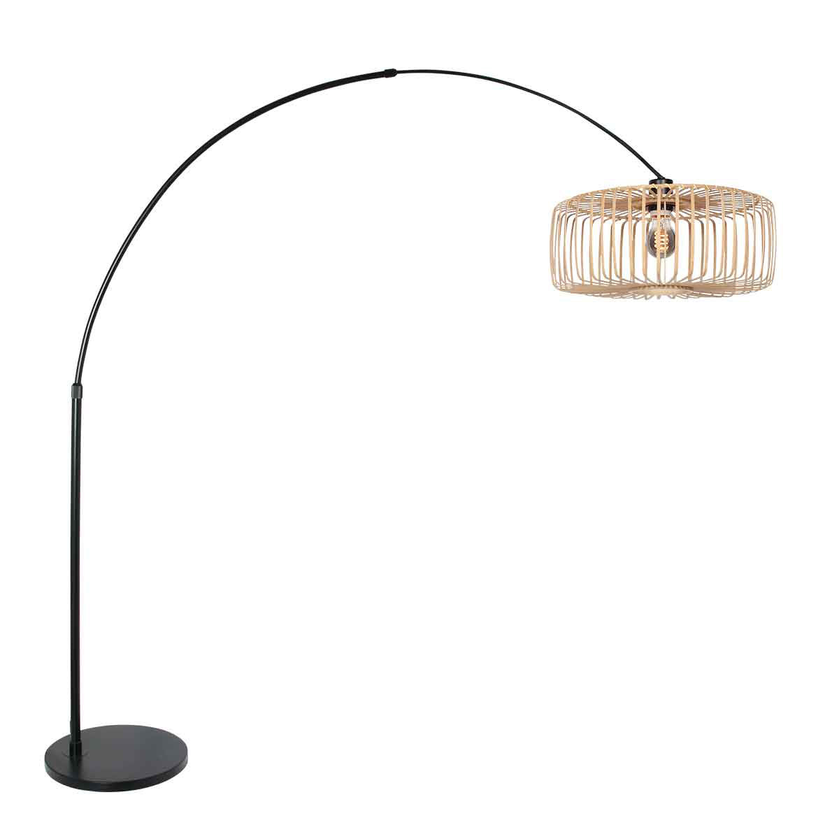 Lampadaire arc métal noir abat-jour bambou naturel ajouré – H240 cm