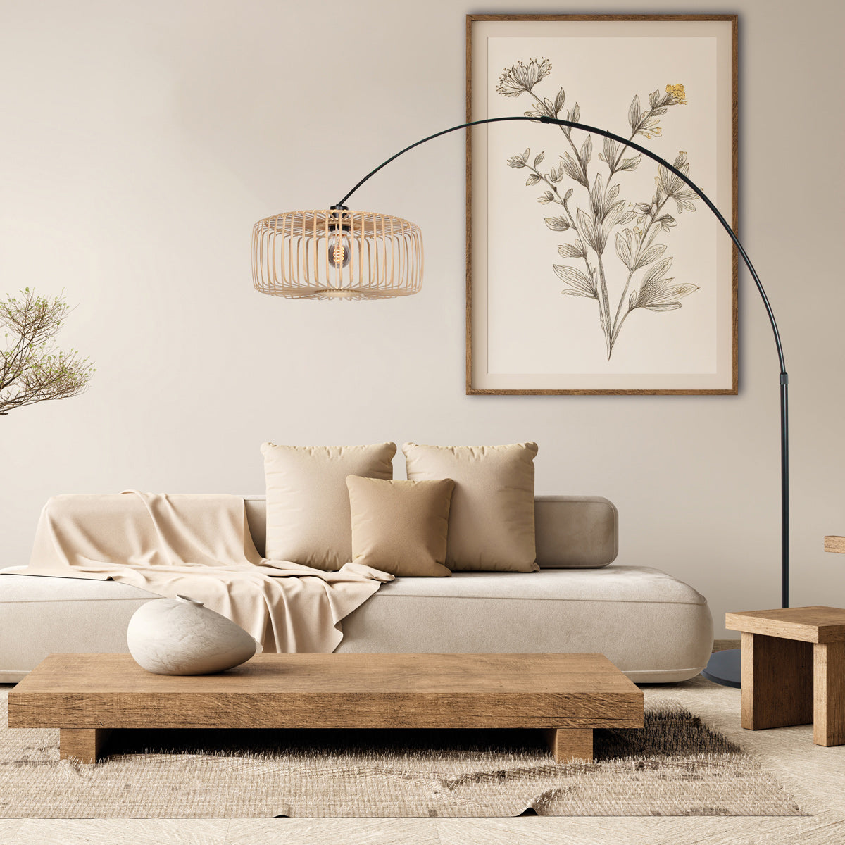 Lampadaire arc métal noir abat-jour bambou naturel ajouré – H240 cm