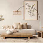 Lampadaire arc métal noir abat-jour bambou naturel ajouré – H240 cm