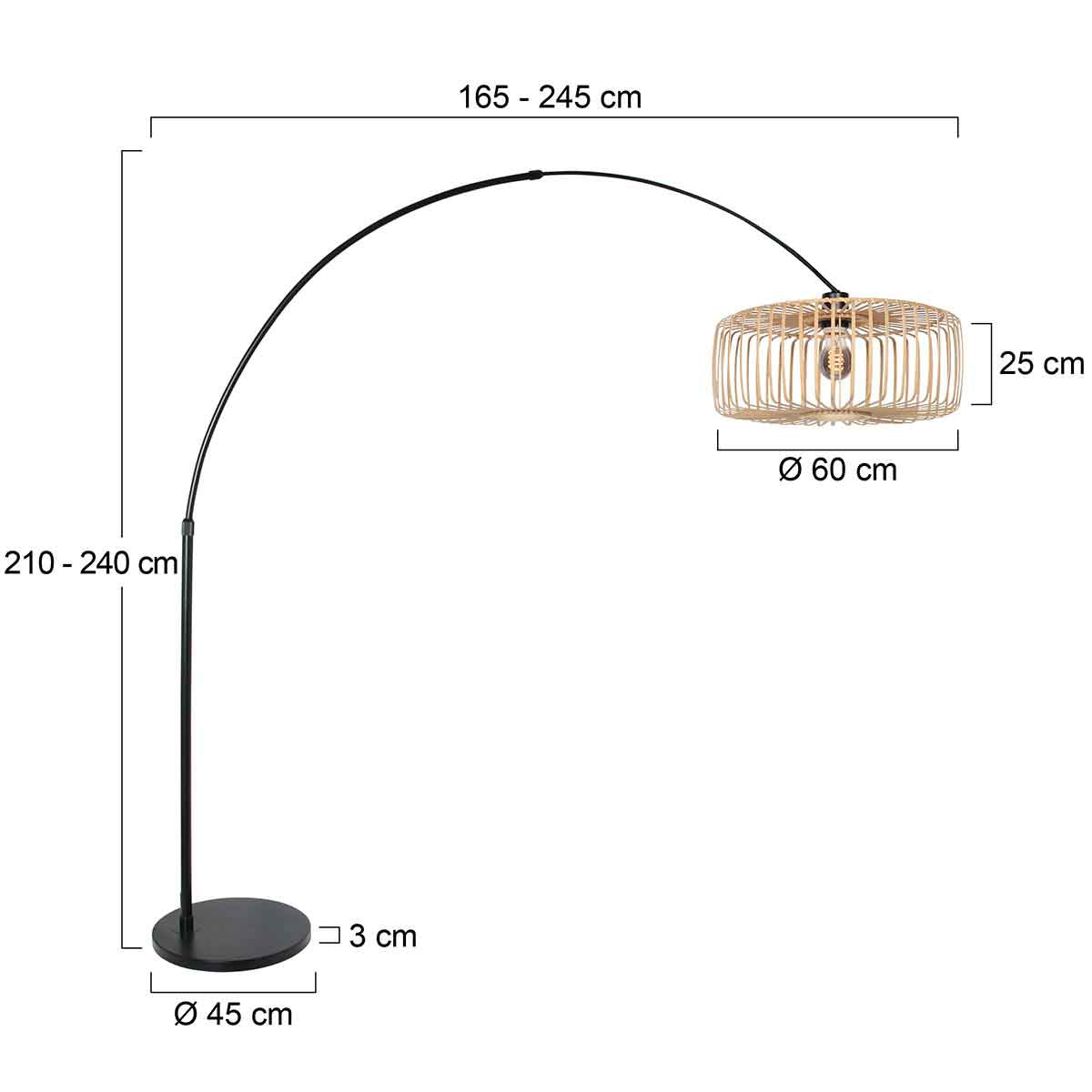 Lampadaire arc métal noir abat-jour bambou naturel ajouré – H240 cm