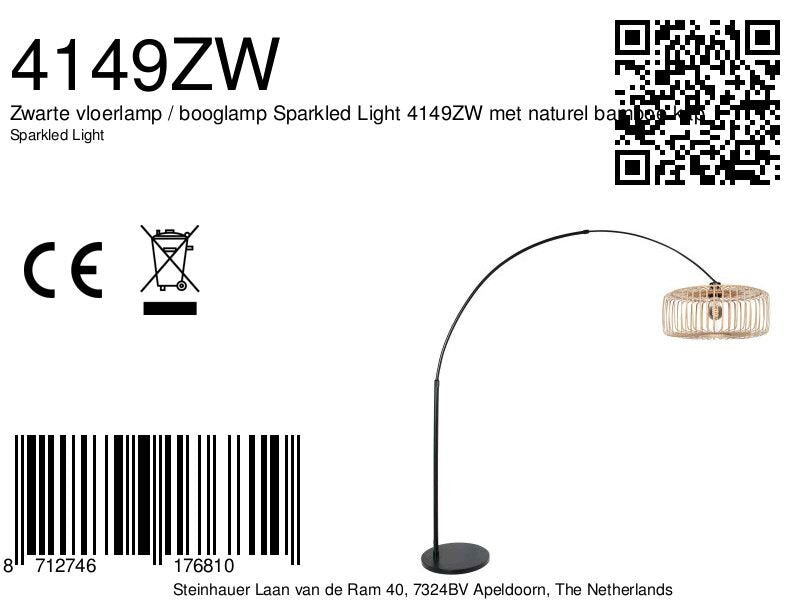Lampadaire arc métal noir abat-jour bambou naturel ajouré – H240 cm