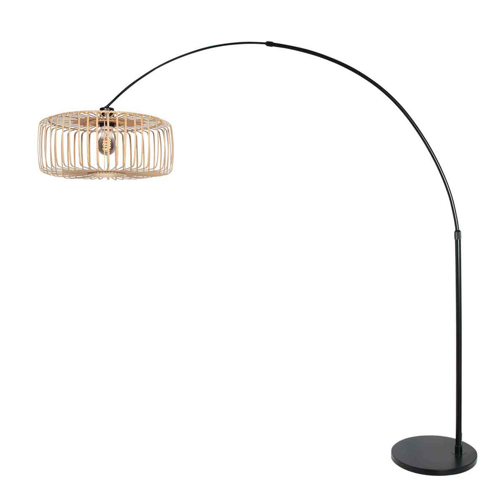 Lampadaire arc métal noir abat-jour bambou naturel ajouré – H240 cm