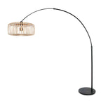Lampadaire arc métal noir abat-jour bambou naturel ajouré – H240 cm