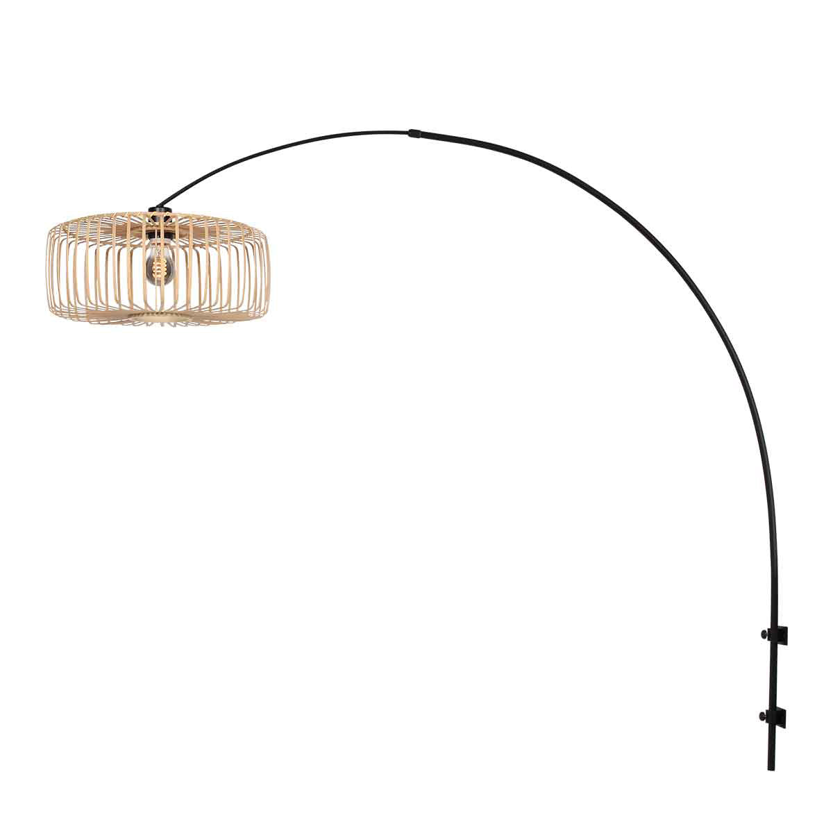 Applique murale bambou naturel et métal noir avec bras arqué – Ø40 cm