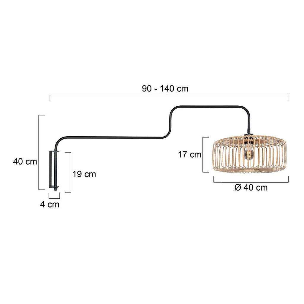 Applique murale bambou et métal noir avec bras pivotant – Ø30 cm