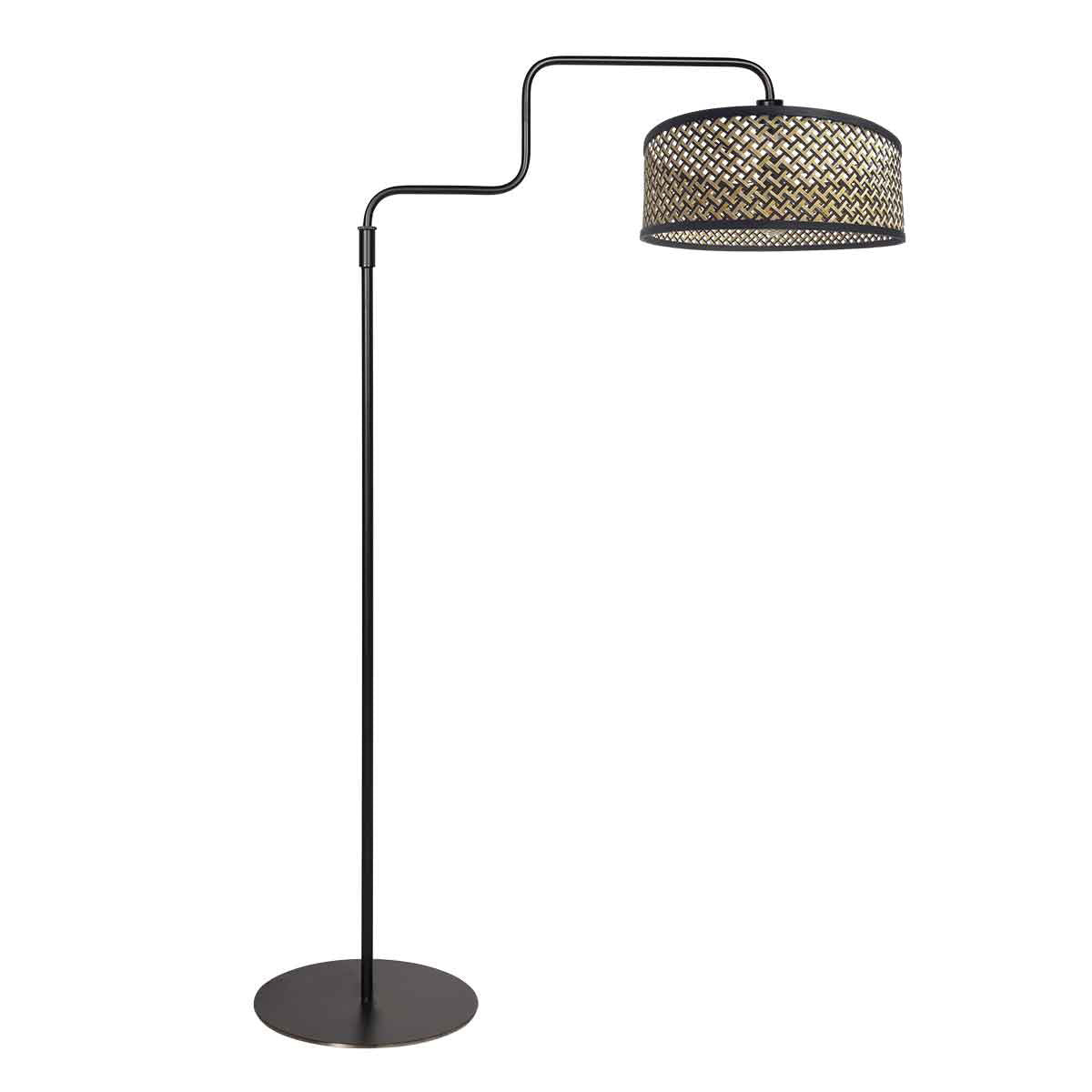 Lampadaire en métal noir avec bras courbé et abat-jour cylindrique – H165 cm
