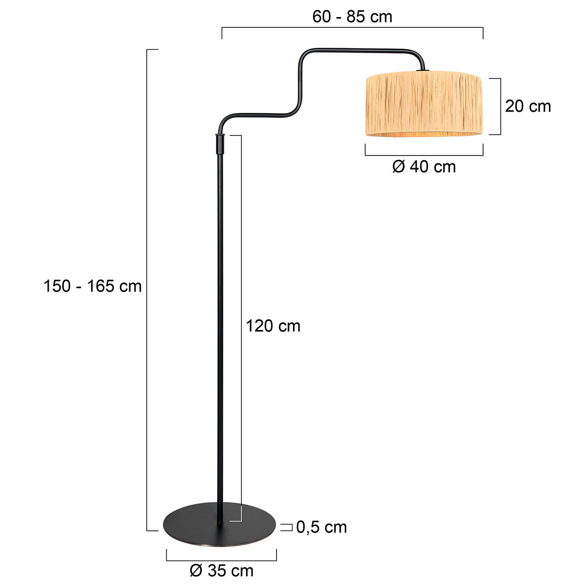 Lampadaire noir avec abat-jour tressé naturel et bras orientable – H165 cm