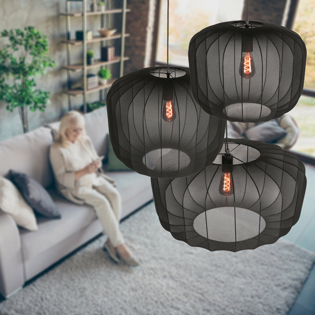 Suspension en lin noir rond avec fibres apparentes – Ø45 cm