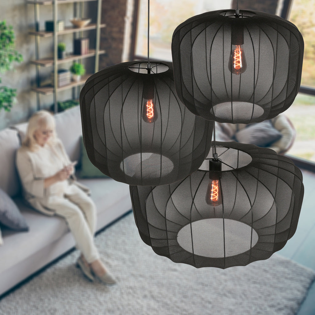 Suspension ovale en maille noire ampoule vintage visible – Ø60 cm