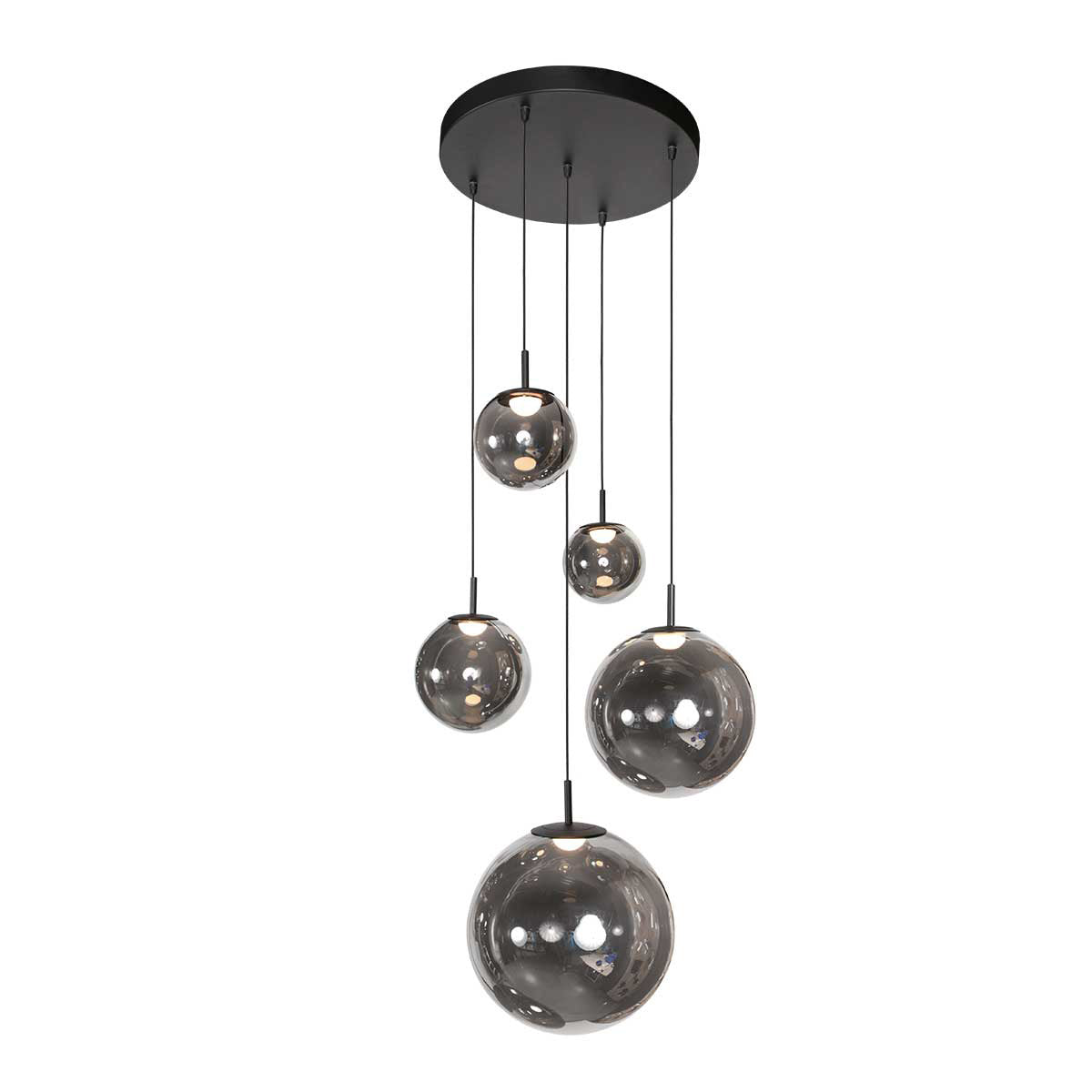 Suspension multiple en verre fumé sphères brillantes noire – Ø60 cm