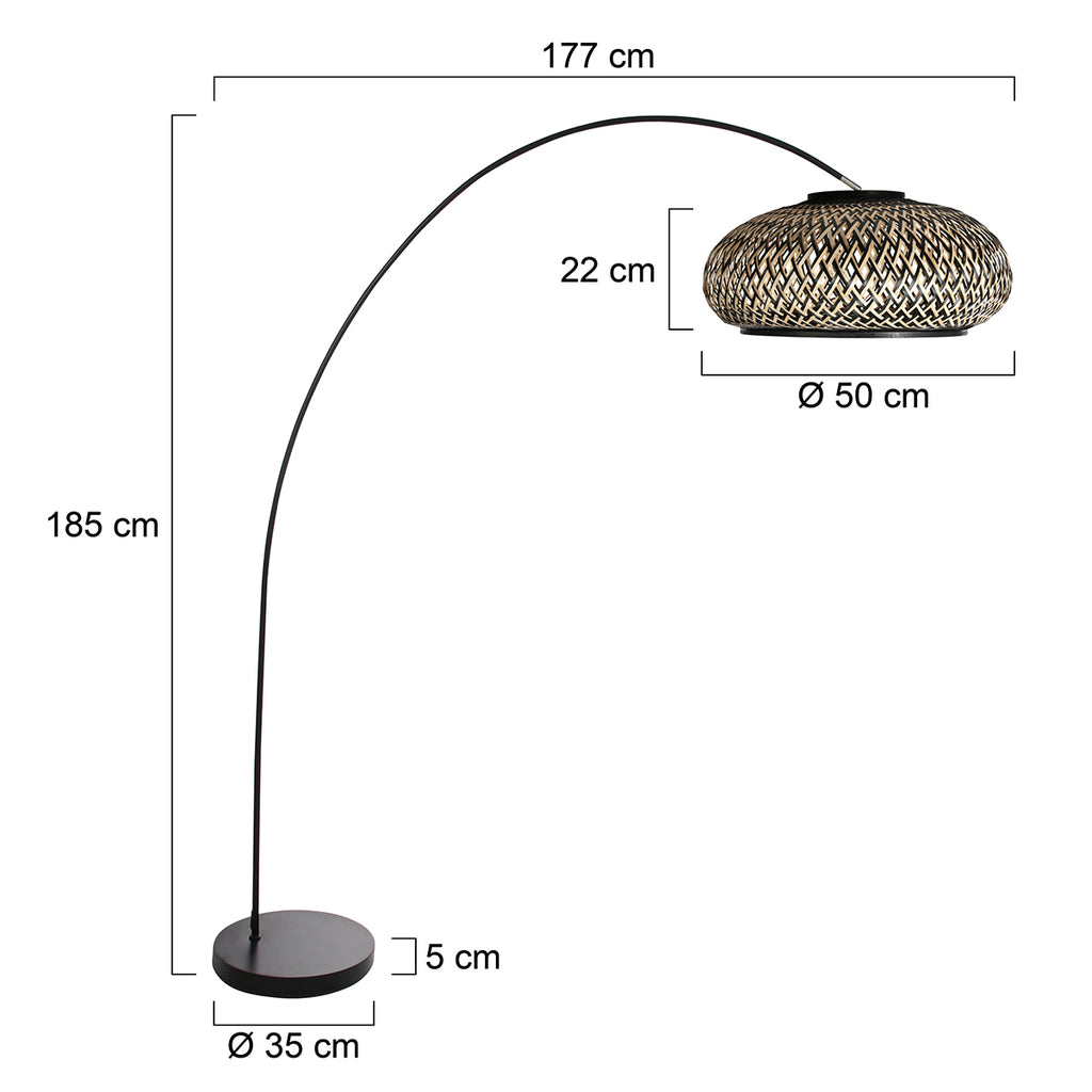 Lampadaire arc en métal noir avec abat-jour tressé en bambou – Ø50 cm