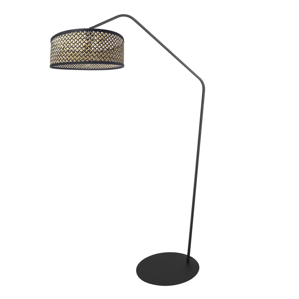 Lampadaire en métal noir à bras déporté avec abat-jour cannage – H173 cm