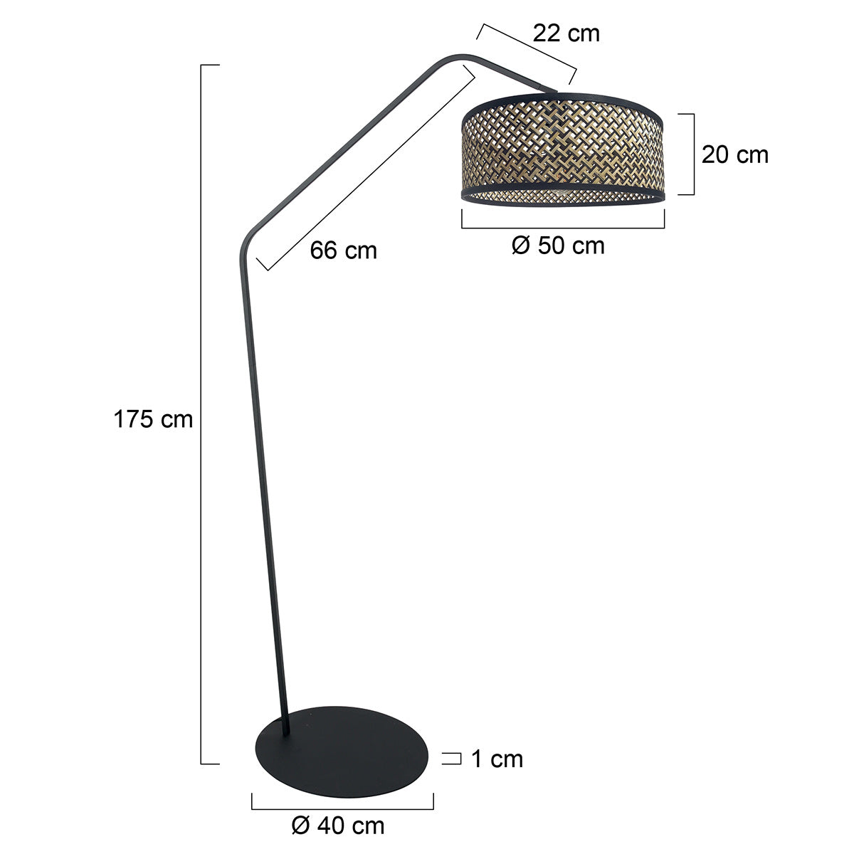 Lampadaire en métal noir à bras déporté avec abat-jour cannage – H173 cm