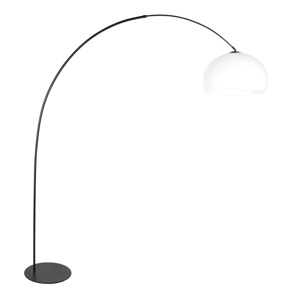 Lampadaire arc noir abat-jour rond blanc en plastique – H210 cm