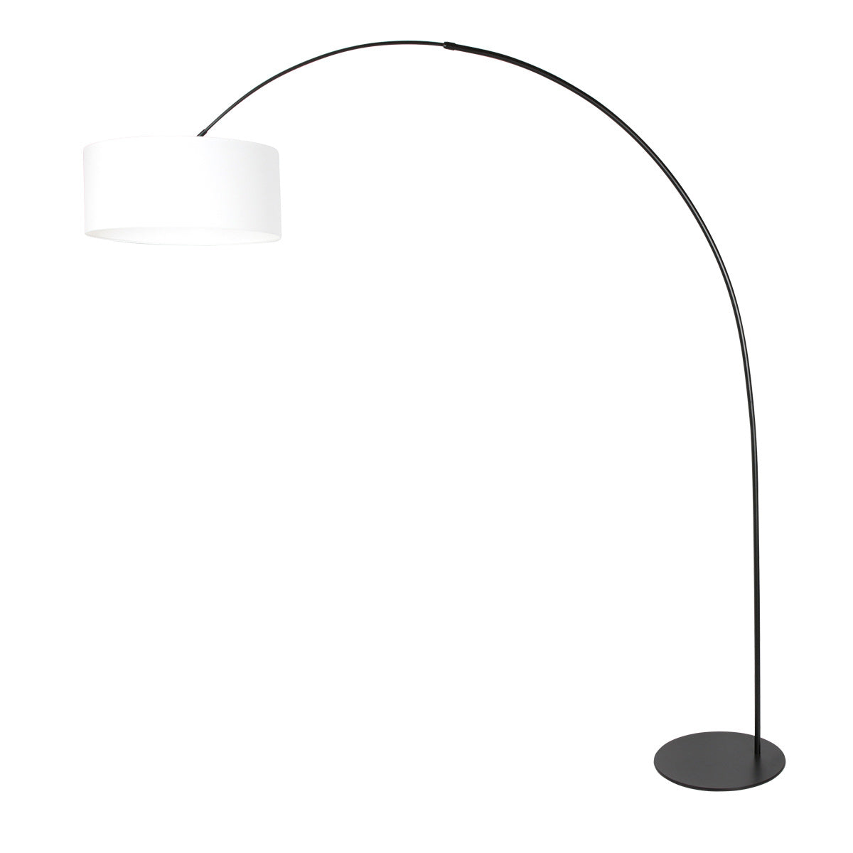 Lampadaire arc métal noir abat-jour lin blanc cylindrique – H210 cm