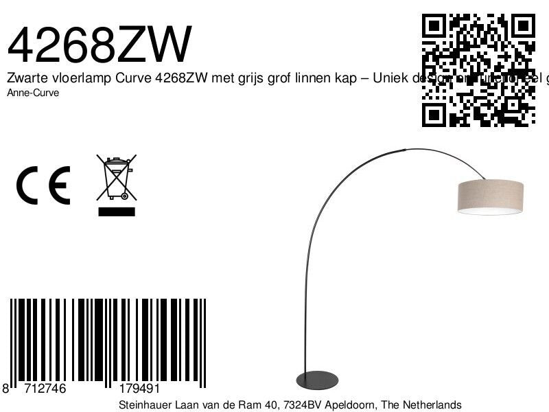 Lampadaire arqué en métal noir abat-jour lin beige cylindrique – H193 cm