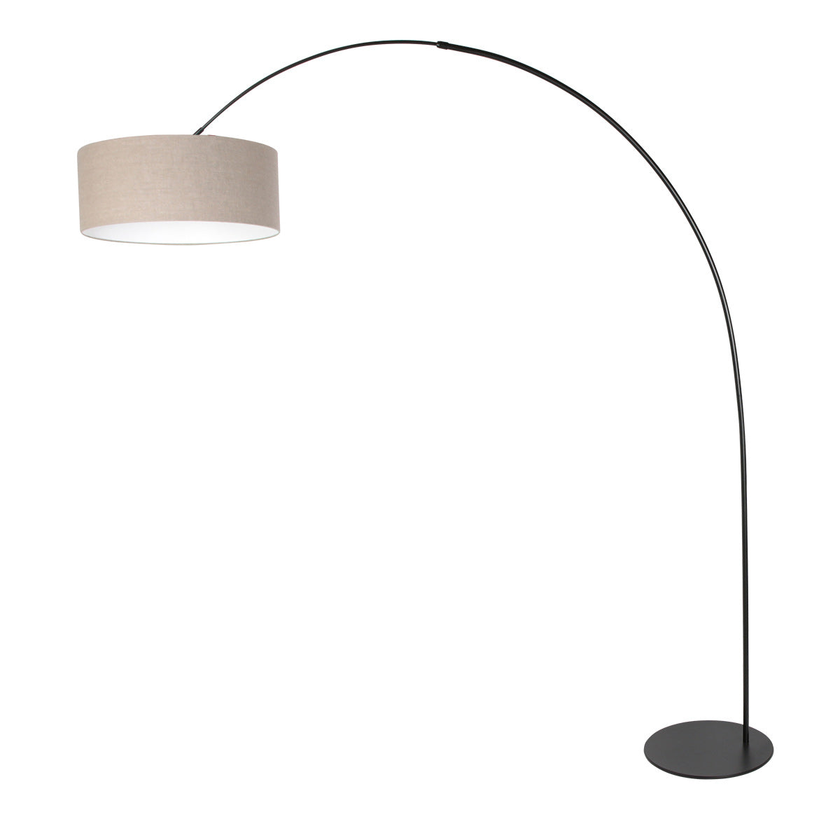 Lampadaire arqué en métal noir abat-jour lin beige cylindrique – H193 cm