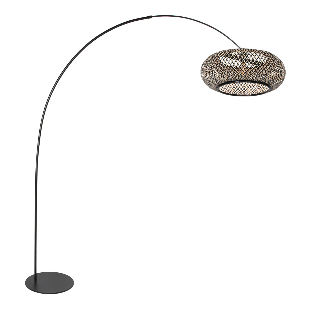 Lampe sur pied noire avec abat-jour en bambou tressé et bras arqué – H193 cm