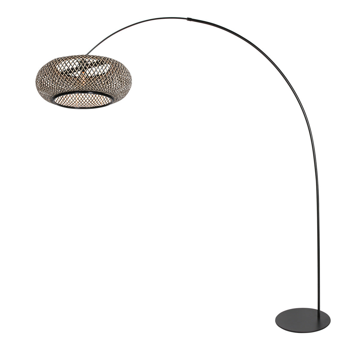 Lampe sur pied noire avec abat-jour en bambou tressé et bras arqué – H193 cm