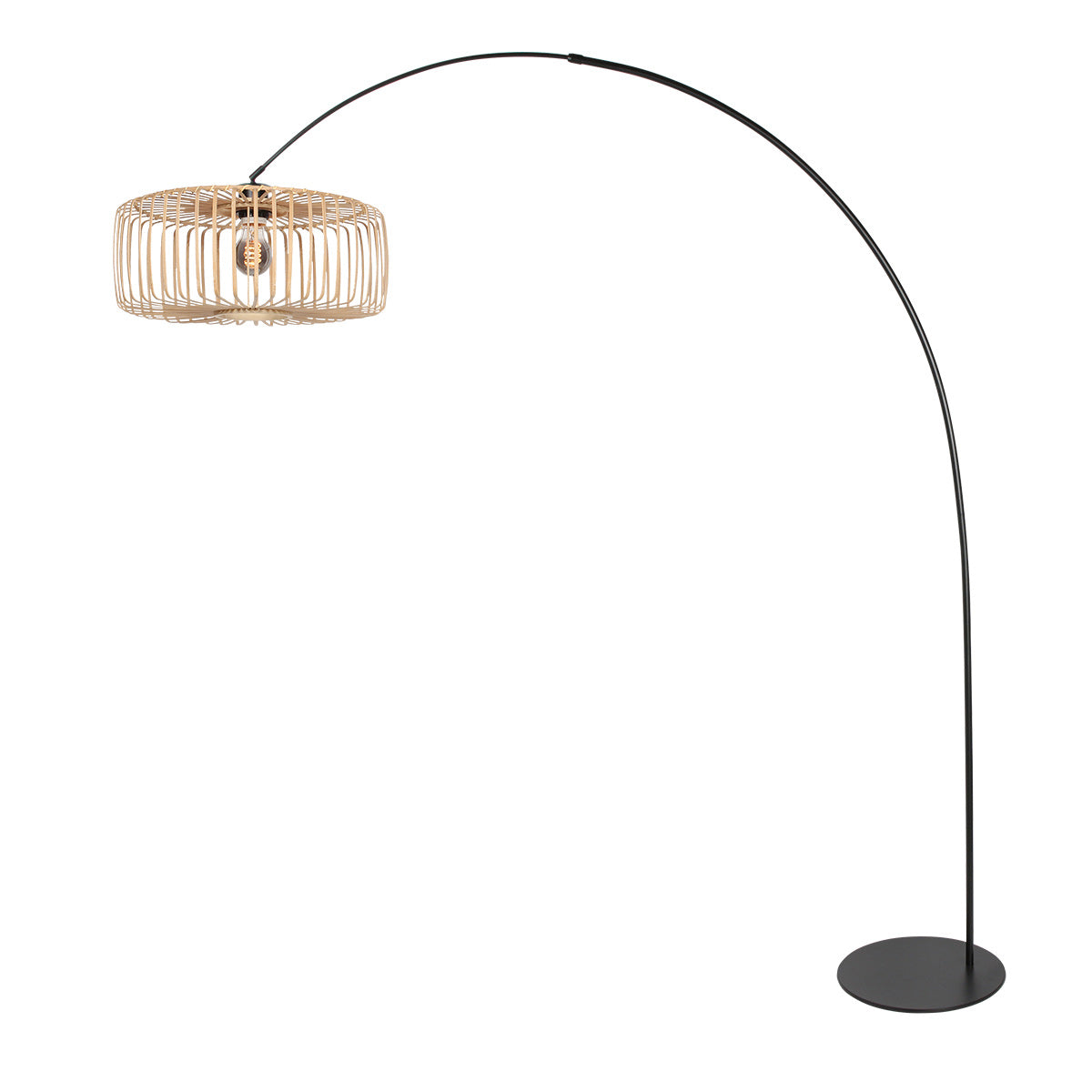 Lampadaire arqué en métal noir abat-jour rotin naturel – H193 cm