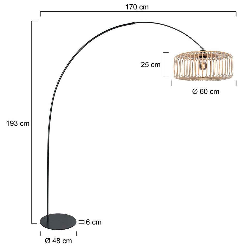 Lampadaire arqué en métal noir abat-jour rotin naturel – H193 cm