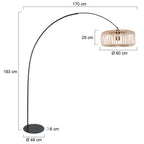Lampadaire arqué en métal noir abat-jour rotin naturel – H193 cm