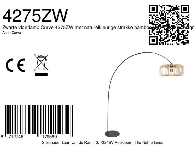 Lampadaire arqué en métal noir abat-jour rotin naturel – H193 cm
