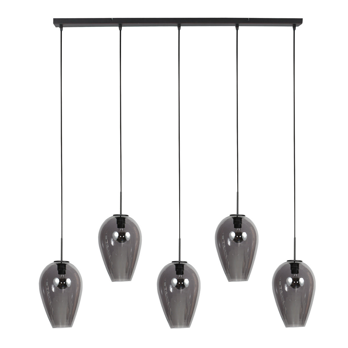 Suspension en verre fumé noir avec 5 abat-jours ovales suspendus