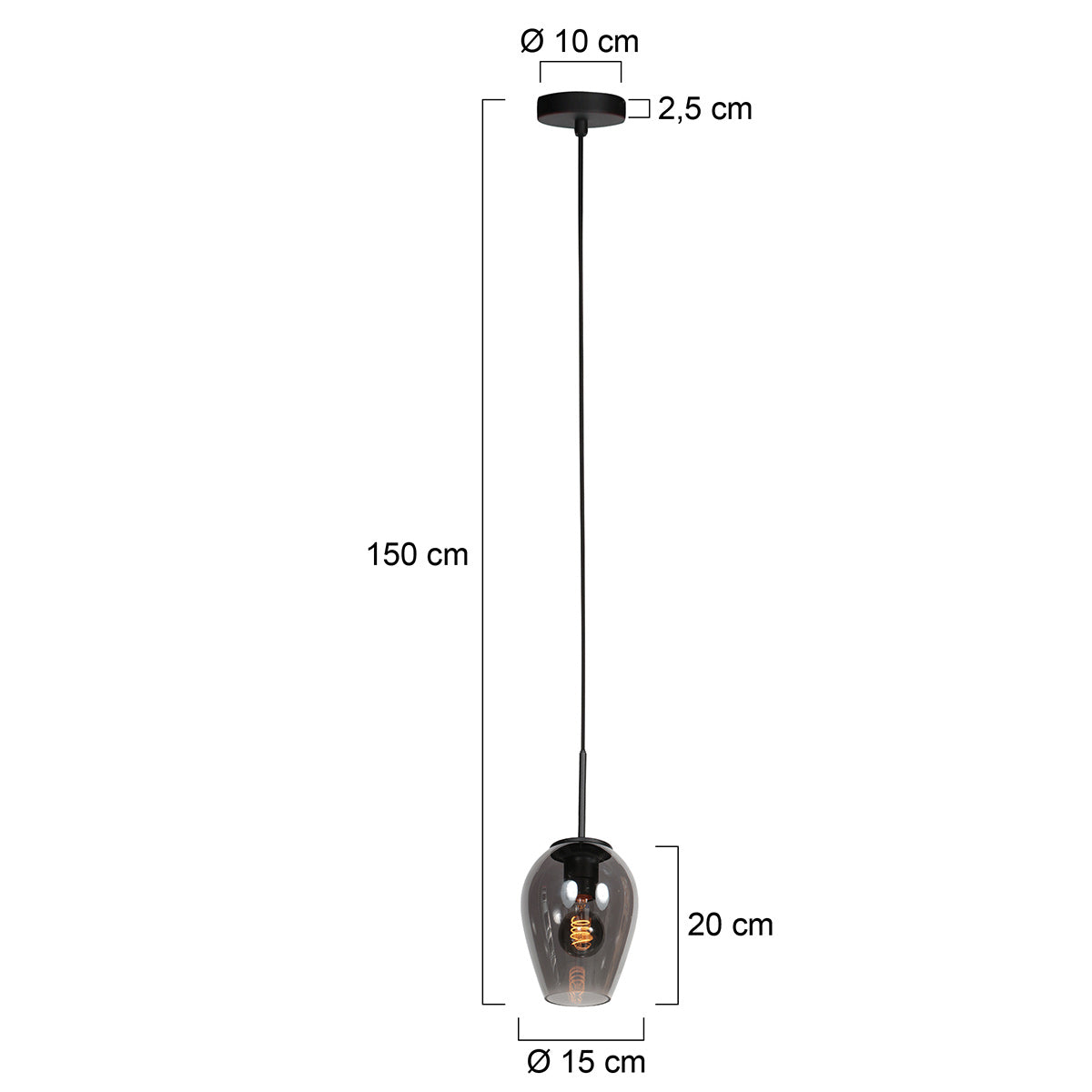 Suspension verre fumé goutte noire pour cuisine ou salle à manger – Ø15 cm
