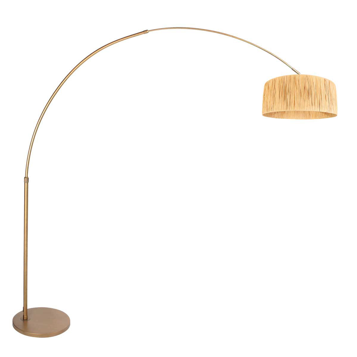 Lampadaire arc en métal doré abat-jour tressé naturel – H240 cm