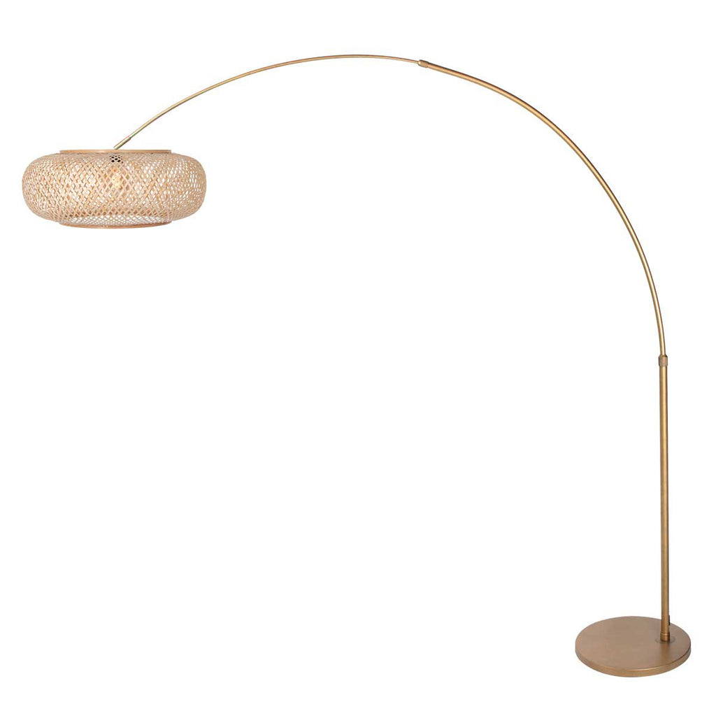 Lampadaire arc en métal doré abat-jour en rotin ajouré – Ø60 cm