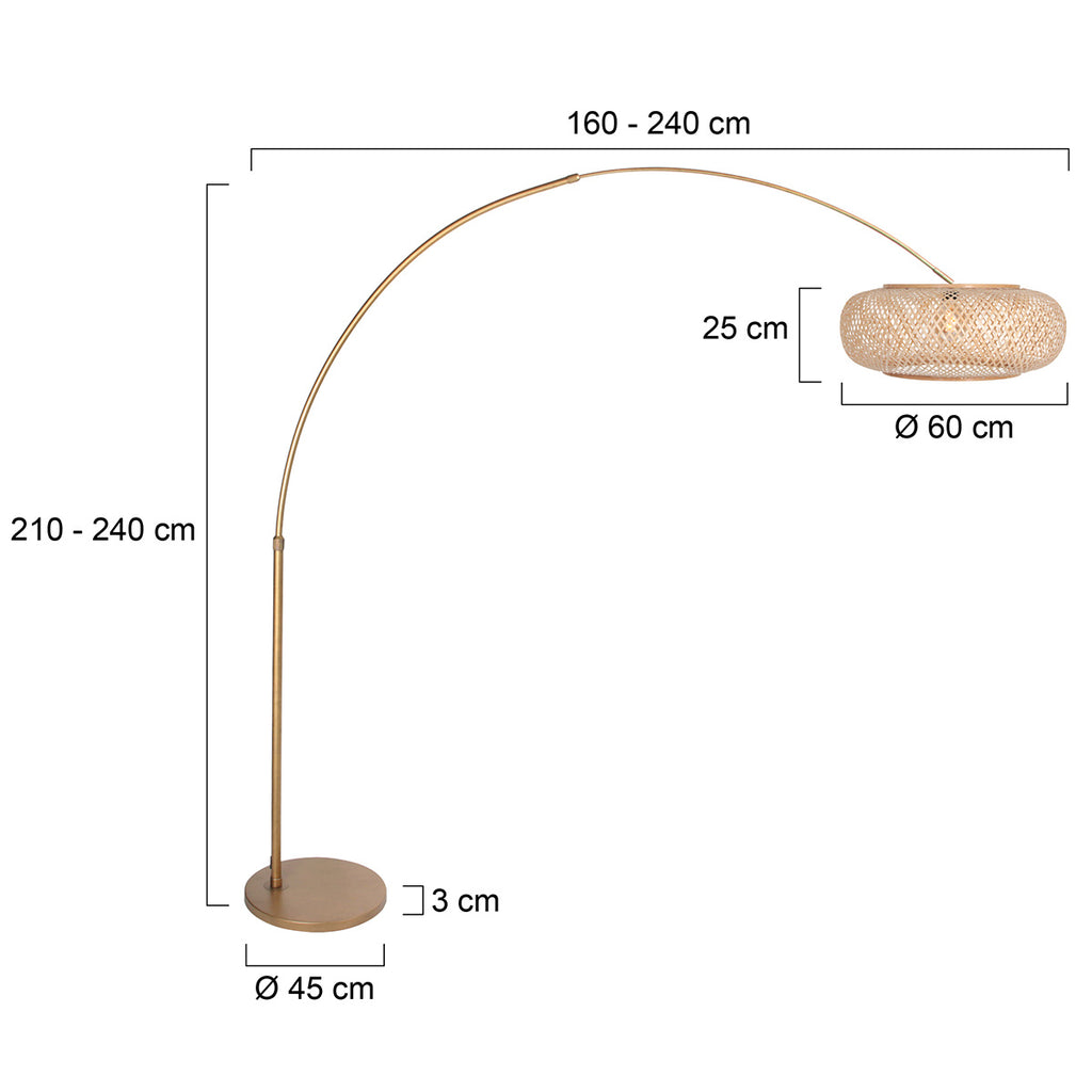 Lampadaire arc en métal doré abat-jour en rotin ajouré – Ø60 cm
