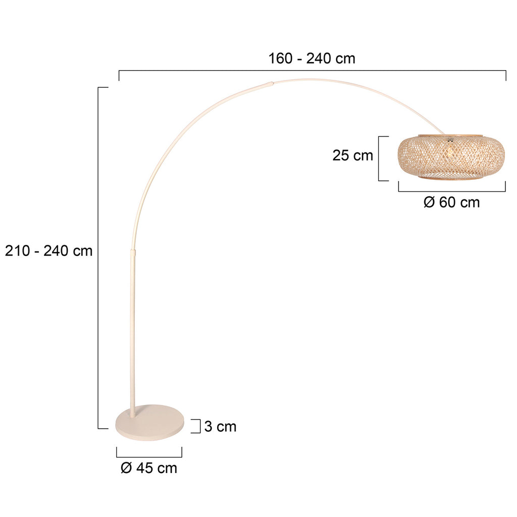Lampadaire arc en rotin tressé crème avec abat-jour rond – H240 cm