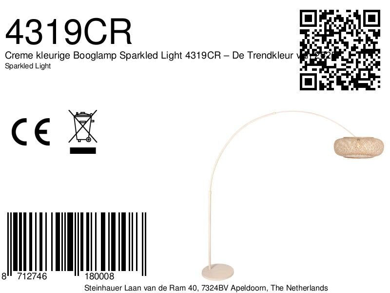 Lampadaire arc en rotin tressé crème avec abat-jour rond – H240 cm